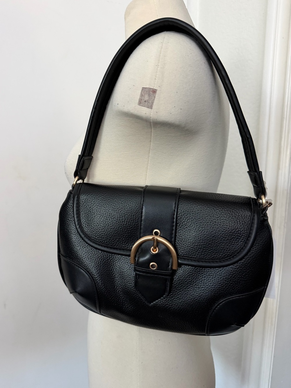 Time and Tru Black Shoulder Bag with Gold Buckle